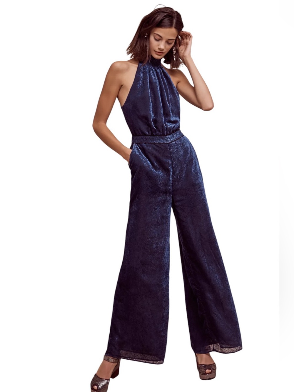 Elevenses Anthropologie Velvet Nova Jumpsuit Navy Halter Wide-Leg Size 8